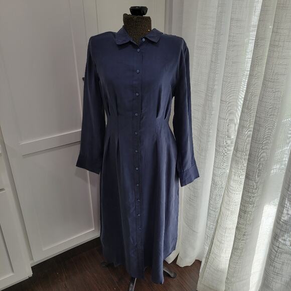 Unsubscribed 100% Silk Navy Blue Shirtdress Long Sleeve Size 10 - Picture 1 of 9
